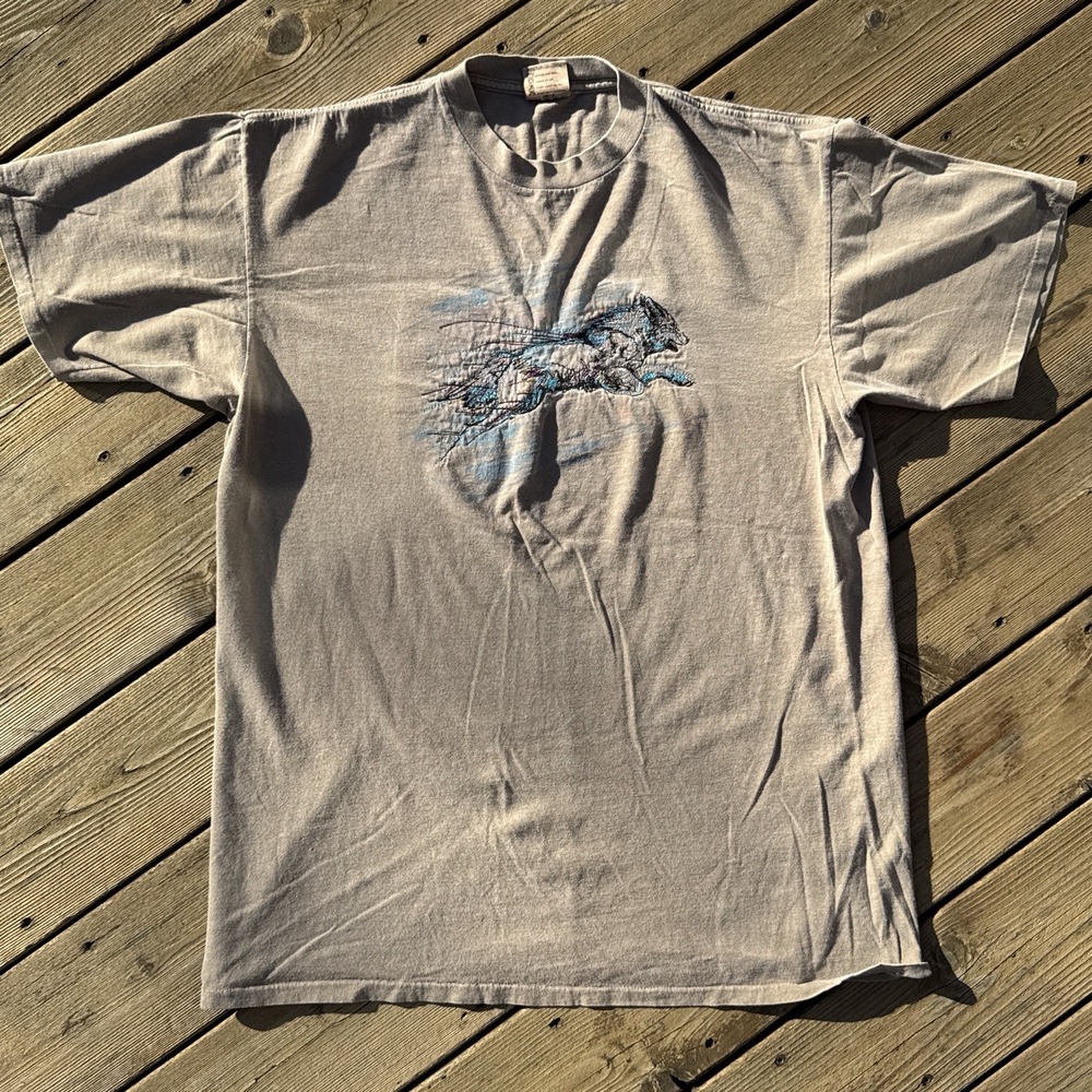 Vintage 90s Wolf Embroidered T Shirt Oneita Single Stitch USA Made XL